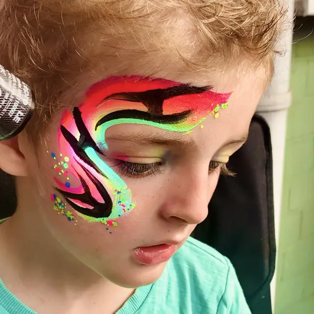 Neon rainbow eye design with black outlines